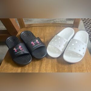 Under Armour Black Kids' Slide Sandals and crocs white slides 2 pair
